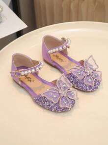 1 Pair Children's Sandals In Small/Medium/Large, Rhinestone, Pearl, Bow Decor, Gritty PU Patchwork Round Toe, Girls Flat Sandals Suitable For Daily Wear, Dance, Outdoor, Festivals, Parties, Glitter Decorated Open Toe Princess Shoes, Suitable For Spring/Summer/Autumn - Purple - View 2