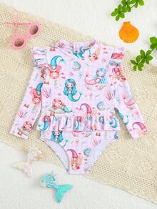 Young Girl Mermaid Cartoon Cute Print Ruffle One-Piece Swimsuit - Multicolor - View 1