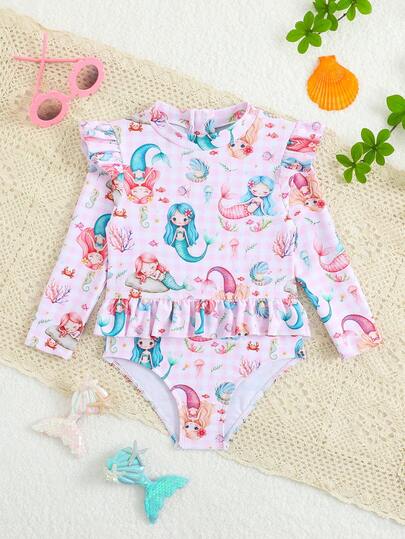 Young Girl Mermaid Cartoon Cute Print Ruffle One-Piece Swimsuit