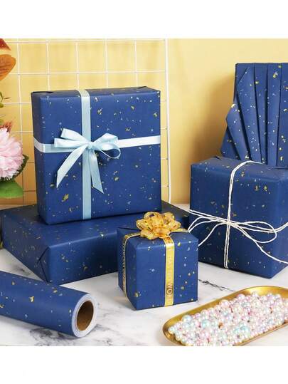 1 Roll - Blue Glitter Gift Wrapping Paper - Elegant Green Gold Foil Design, Shiny Confetti Matte Gift Wrap, Suitable For Summer Beach, Holiday Party, Outdoor Events, Graduation Season, Spring, Mother's Day, Wedding Season, Birthday Party, Music Festival Small Gifts, Summer Celebration Activities And Daily Gift Wrapping