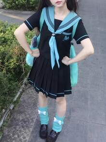 一件式水手领短袖套装，基础款黑色和薄荷绿撞色JK校服，夏季万圣节派对礼服 - 黑色 - 查看 9