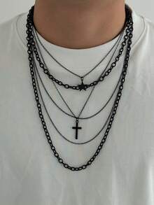 2pcs/Set Gothic Geometric Layered Tassel Cross & Star Pendant Necklace, Charm Jewelry For Men/Couples, Punk Hip-Hop, Vacation, Party, Casual, Street Style, Wedding, Rock Event, Holiday, Birthday, Versatile Gift - Necklace - View 10