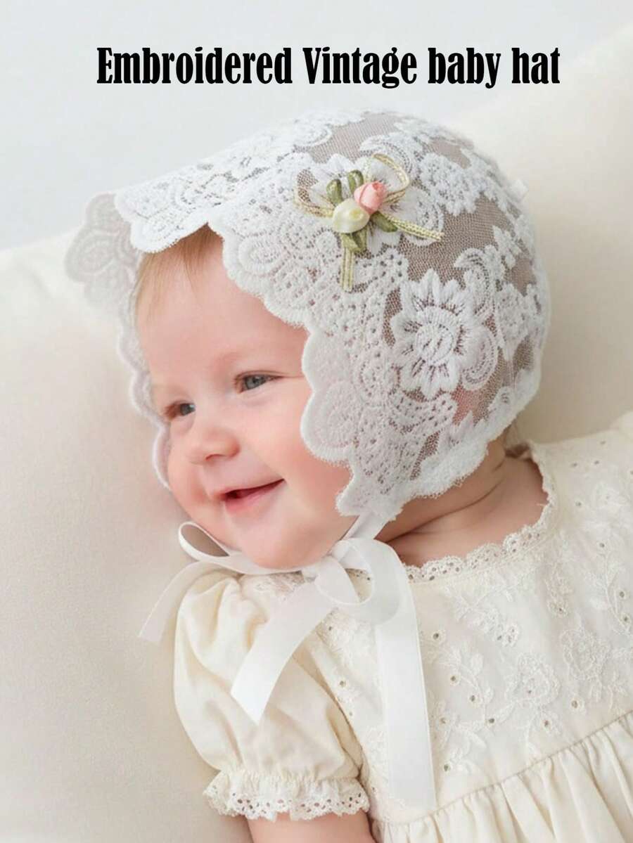 复古蕾丝刺绣婴儿帽，传家宝洗礼及摄影帽，0-3个月，3-10个月（米色/白色），男女通用摄影道具 - 1PC - 查看 1