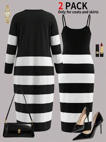 Women 2 Pcs Black And White Striped Dress & Long Cardigan Set, Spaghetti Strap Bodycon Midi Dress, Open Front Knit Cardigan - Black - View 5
