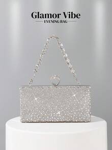 Women's Rhinestone Decorated Clutch Bag, Shiny Box-Shaped Handbag With Gemstone Metal Chain, Perfect For Weddings, Parties, Galas, Dinners, Birthday Gifts, Valentine's Day Gifts, Gatherings, Can Be Used As A Shoulder Bag, Handbag, Clutch, Or Cosmetic Bag - Silver - View 10