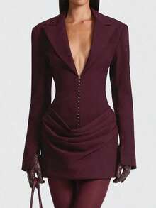 Elegant Party Mini Dress, Women's Deep V-Neck Long Sleeve Fitted Style, Button Front, Wine Red Knit Fabric With Stretch Spring - Purple - View 4