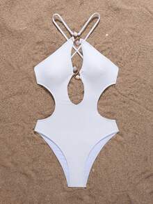 Backless Halter One-Piece Swimsuit, Suitable For Beach & Vacation - White - View 3