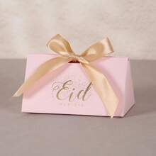 10个装梯形中东礼品盒，饰有3D金色棕榈树图案和阿拉伯语“Eid Mubarak”字样，缎带蝴蝶结装饰，硬纸礼品包装盒，适用于斋月、开斋节、婚礼派对（白色/海军蓝/粉色/绿色） - 長三角盒 - 查看 9