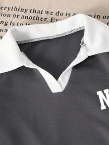 Teen Girl Casual Everyday Commute Letter Print Contrast Collar Short Sleeve Polo Shirt And Wide Leg Pants Set, Spring/Summer/Autumn - Dark Grey - View 4
