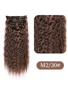 22-Inch Artificial Curly Hair Clip-On Wig Set - Long Wavy Clip-On Hair Cap - Hair - 6-Piece Clip-On Full Head Cover - Brown - View 3