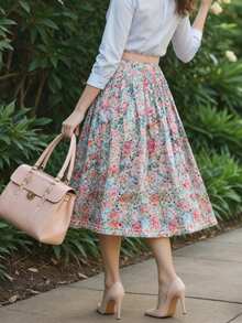 女士水彩印花高腰百褶中长裙，休闲A字飘逸长裙，优雅波西米亚风春夏度假日常穿着 - 彩色 - 查看 5