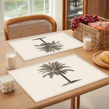 椰树印花亚麻餐垫（1件/4件/6件装），适用于餐桌，四季皆宜，现代可水洗，可作房间装饰、杯垫、厨房餐垫、室内外派对装饰、家居装饰，理想礼品 - 彩色 - 查看 2