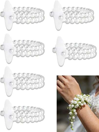 6/12件装弹力腕带胸花 - DIY弹力塑料珠婚礼配饰，适用于手工胸花 - 非常适合婚礼派对新娘伴娘（不含鲜花）