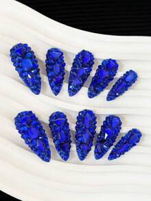 أظافر اللوز مصنوعة يدويًا من نوع Y2K مع أطراف شفافة ، وأحجار الراين الزرقاء وتصاميم ثلاثية الأبعاد لامعة كاملة التغطية - أظافر اصطناعية كاملة مزينة بالبريق DIY ، أظافر مزيفة للحفلات والأنشطة الخارجية والشاطئ واليومية والعطلات والتجمعات والعمل والمناسبات الخاصة - 10 قطع/كيس - الأزرق - مشاهدة 2