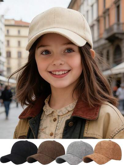 1顶儿童灯芯绒棒球帽，可调节帽带，户外简约水洗复古遮阳帽，休闲帽，适合8-16岁男孩女孩