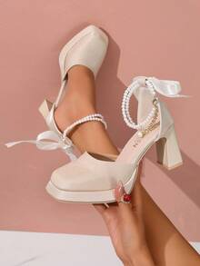 (Suggest Ordering One Size Up) Latest New Thick Heel Waterproof Platform Super High Heel Satin Pearl Bow Shehua Wedding Bridal Shoes - Beige - View 3