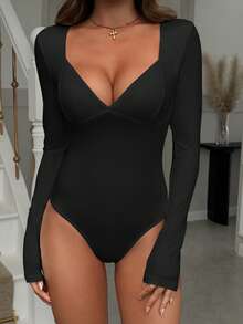 Áo liền thân dệt kim ôm sát màu đen kiểu Y2K gợi cảm dành cho nữ của Vaiaye, cổ chữ V, tay dài, thích hợp cho mùa xuân/hè. - màu đen - Xem 7