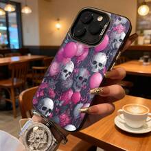 Funda de Teléfono Diseño de Calaveras Rosadas y Grises con Globos y Flores para iPhone 14 15 Pro Max y  Galaxy S23 S24 Plus Adecuada para Todas las Estaciones Opción de Regalo Ideal - Negro - Ver 2