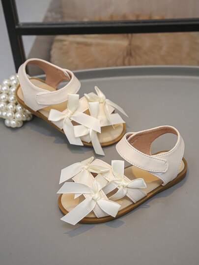Little Girls' White Strap Sandals With Bow Decor For Kids Summer Parties