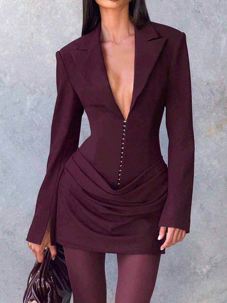 Elegant Party Mini Dress, Women's Deep V-Neck Long Sleeve Fitted Style, Button Front, Wine Red Knit Fabric With Stretch Spring