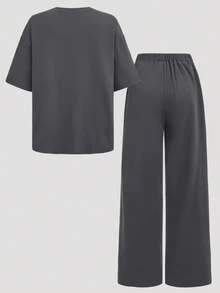 Teen Girl Knight Print Round Neck Short Sleeve T-Shirt And Pants Casual Suit - Dark Grey - View 2