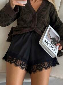 Satin Silk Boxers Shorts For Women Y2k Lace Trim Micro Mini Pajama Shorts French Knickers Low Rise Coquette Lounge Slip Pj Bottoms - 黑色 - 查看 2
