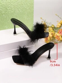 1 Pair Fluffy Feather Embellished Sexy Black High Heel Shoes For Teenage Girls, Comfortable Lightweight Versatile Dress Sandals, Cute And Charming High Heels Suitable For Girl's Summer Outdoor, Party, Prom, Vacation, School And Casual Wear, Gift - Black - View 9