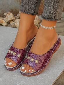 Giày sandal thời trang cỡ lớn dành cho nữ size 35-45, họa tiết da cá sấu màu đỏ tía, kiểu dáng thường ngày, hở mũi, đế xuồng, đế dày, thích hợp cho mùa hè. - Họa tiết cá sấu màu đỏ rượu vang - Xem 4