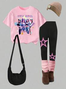 Teen Girls Cartoon Print Short Sleeve T-Shirt And Leggings Set - Pink - View 3