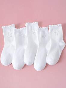 1/5/10双装女童过膝袜，可爱甜美水钻蝴蝶结/爱心/蝴蝶装饰，经典休闲柔软透气白色校袜，时尚简约荷叶边袜，适合返校、校园活动、生日礼物、户外活动，多种组合可选 - 白色 - 查看 1