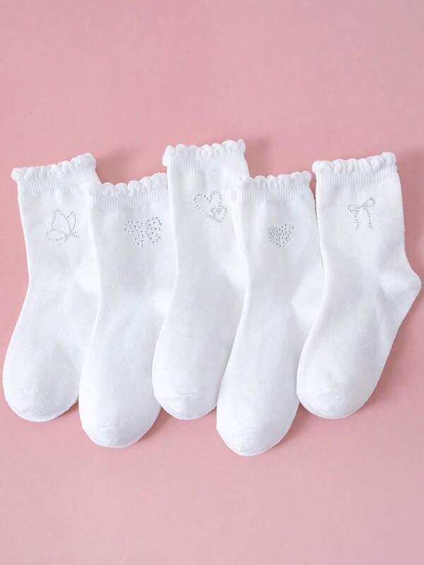 1/5/10 par dziewczęcych podkolanówek, urocze, słodkie, zdobione kryształkami, kokardkami, serduszkami i motylkami, klasyczne, codzienne, miękkie, oddychające, białe skarpetki szkolne, modne, proste skarpetki z falbanką, odpowiednie na powrót do szkoły, zajęcia na uczelni, prezenty urodzinowe, na zewnątrz, dostępne w wielu kombinacjach