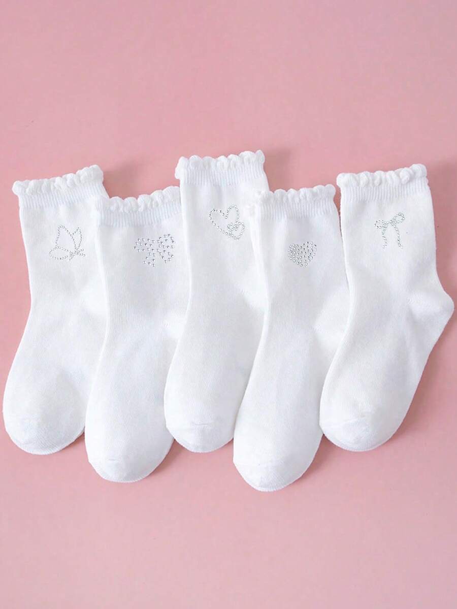 1/5/10双装女童过膝袜，可爱甜美水钻蝴蝶结/爱心/蝴蝶装饰，经典休闲柔软透气白色校袜，时尚简约荷叶边袜，适合返校、校园活动、生日礼物、户外活动，多种组合可选 - 白色 - 查看 1