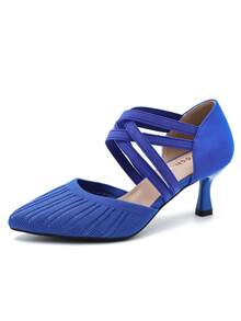 MAIERNISI JESSI Women's Low Kitten Heels Knit Pumps Elastic Crisscross Ankle Strap Slip On Dress Shoes - Royal Blue - View 2