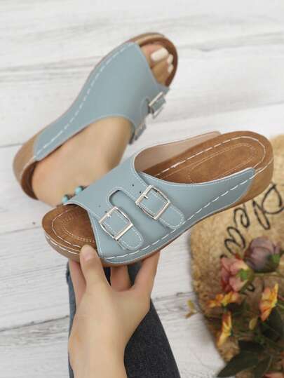 Dép xăng đan đế dày, khóa đôi dành cho nữ, màu trơn, thanh lịch, thoải mái, thích hợp cho thể thao, kỳ nghỉ, thời trang, thường ngày, gợi cảm, đế xuồng, đế dày, đi biển, ngoài trời, mùa hè.
