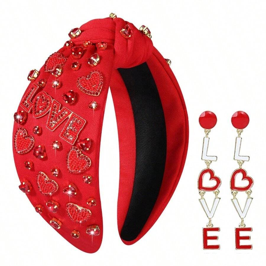 Valentineu2019s Day Headband Women Love XOXO Heart Headbands Jeweled Conversation Heart Knotted Headband Pink Red Top Knot Valentineu2019s Day Accessories Gifts White Set - 愛心套裝 - 查看 1