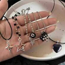 5件套复古时尚皮绳星星吊坠项链，男女通用，仿古银色，Y2K美学风格首饰