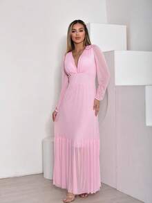 Women's Long Tulle Dress With Long Sleeves For Wedding Party - 淺粉色 - 查看 5