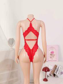 2pcs Red Lace Sheer Jumpsuit, Classic Sexy Mature Alluring Tight-Fitting, With Belt - Red - View 7