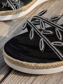 WRCVS Platform Wedge Sandals, Round Toe Fashion Slip-On Shoes, Polyurethane Sole, Lightweight Commuter Shoes, Leaf Decor Tassel, Rhinestone Decor, Sexy Party Shoes, Elevated - Black - View 7