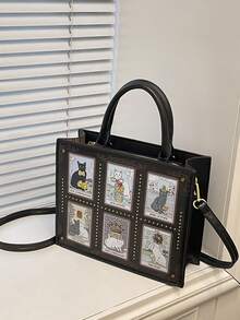 1件装手提包 优选包 时尚小丑纯色 2026新款猫精灵便携托特包 时尚小丑女士斜挎包 - 黑色 - 查看 5