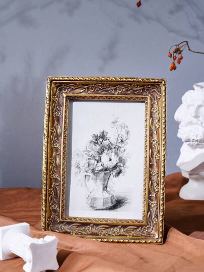 1pc Vintage Gold Resin Photo Frame, Warm Gold Home Decor Desktop Photo Frame, Horizontal & Vertical Use, Bedroom, Study, Office Desk Photo Decoration