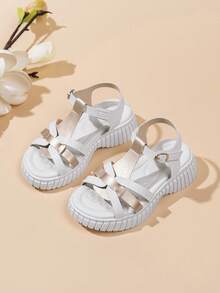 女童罗马凉鞋，新款夏季时尚厚底中跟绑带凉鞋，百搭仙女风女童夏季透气休闲厚底魔术贴软底凉鞋 - 白色 - 查看 5