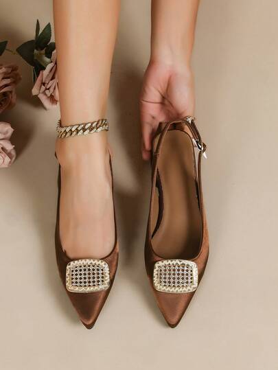 New Women's Square Buckle Pointed Toe Flat Sandals, Ankle Strap Slip-On Shoes, Pure Metal Buckle Office Shoes