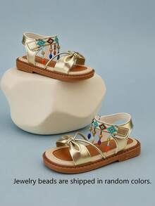 1 Pair Girls' Geometric Embroidery Butterfly Decor Sandals, Faux Leather, Non-Slip Flat, Ankle Strap, Bohemian Style, Summer, Popular Design, Soft Sole, Comfortable, Fashionable, Ideal Gift - Gold - View 2