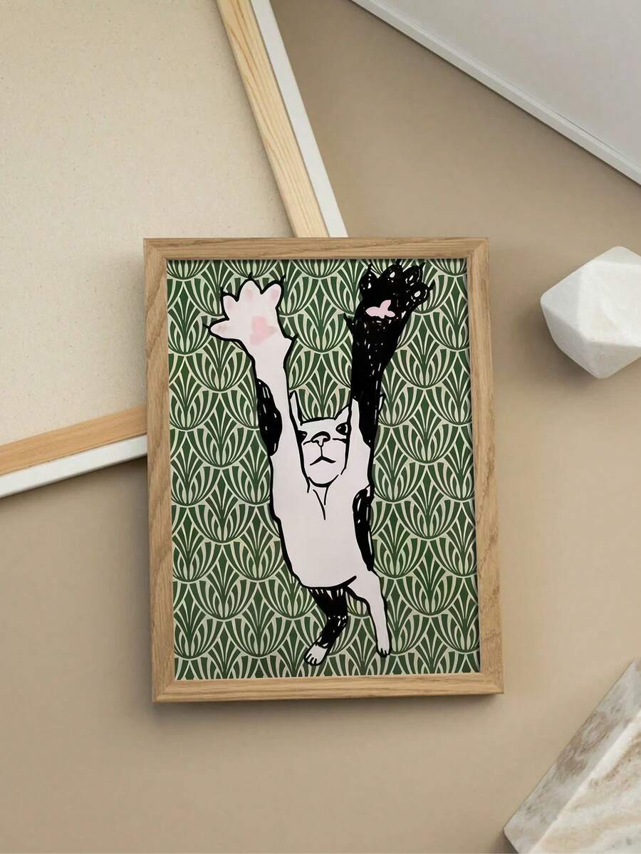 1幅现代抽象猫咪墙画海报 - 绿色和黑白极简主义帆布印刷品,无框,当代柔和绿叶和黑白猫咪图案,适用于客厅、卧室、浴室、厨房装饰 - 舒缓的家居装饰,乔迁礼物,圣诞节、万圣节、秋冬季装饰,用途广泛的室内墙面挂饰,适合现代和传统室内设计,极简猫咪设计,2D平面,完美的房间装饰 - 彩色 - 查看 1