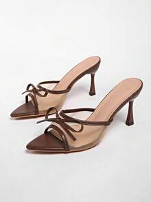Sandal quai ngang nơ kiểu Pháp gót dày lưới, phong cách tiên nữ mới phù hợp mặc váy, dép lê hở ngón - màu nâu - Xem 5