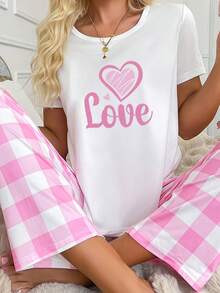 两件套女士爱心印花格子短袖上衣和裤子睡衣套装，休闲舒适家居服 - 白色 - 查看 6