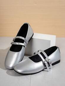 New Fashion Metal Buckle Decor Strap Buckle Flat Shoes, Comfortable Non-Slip Versatile Style Suitable For Daily Wear And Commuting - Silver - View 6