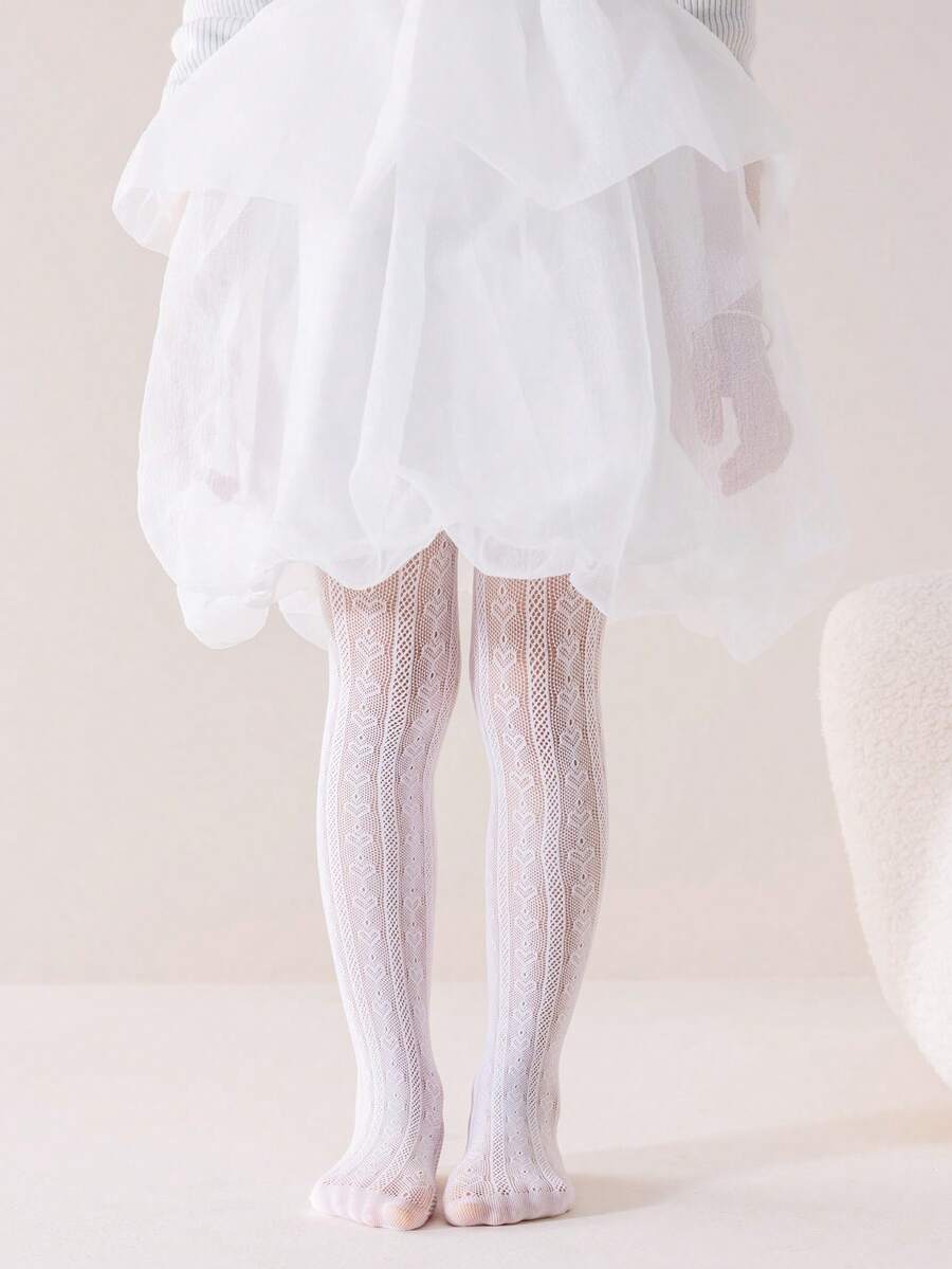 1pc Girls/Kids/Children Hollow Breathable Mesh Stockings, Adorable Heart/Polka Dot/Striped Design Decor, Personalized Casual Comfortable Durable Pantyhose, Fashionable Delicate Soft Thin White Socks, Suitable For Weddings, Vacations, Dance Performances, Birthday Gifts - White - View 1