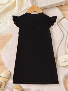 Young Girl Ramadan Crescent Moon & Star Print Dress, Suitable For Outings, Gatherings, And Spring/Summer Vacation - Black - View 2